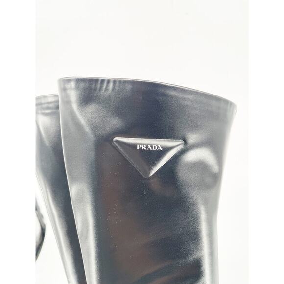 Prada Black Stretch Leather Padded Logo Over the Knee 70mm Platform Boot IT 37 - Picture 12 of 16